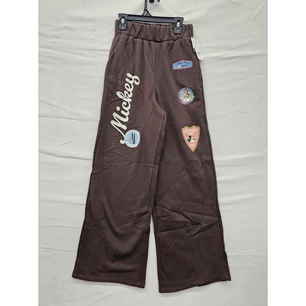 Disney Mickey Mouse Brown Wide Leg Patch Sweatpants XS NWT B004534001